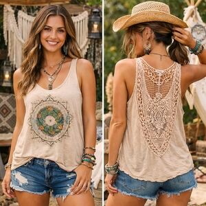 Y2K Boho Crochet Back Tank Top Rayon Cotton Blend Resort Festival Streetwear